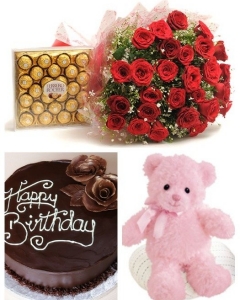 Cake - Chocolate, 2 ft teddy , 24 roses & ferrero